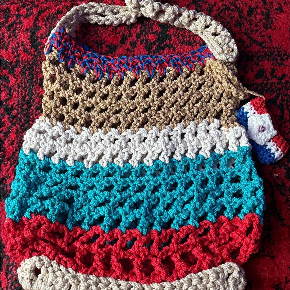 Colorful Crochet Tote Bag w/ Coffee Sleeve Attachment